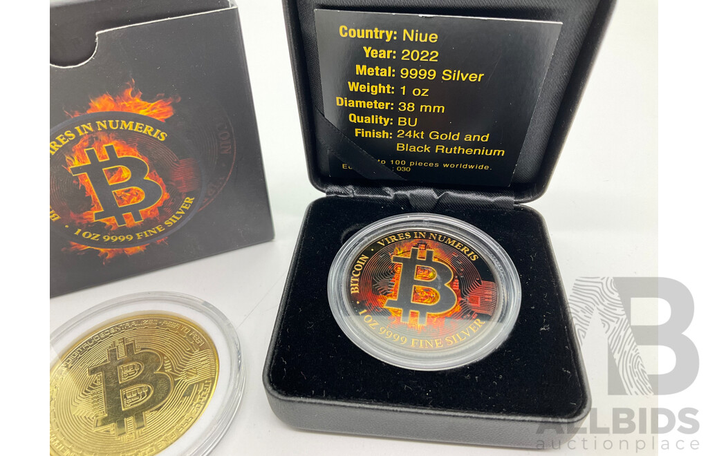 Niue 2022 Silver Bitcoin, 24kt and Ruthenium Finish with Bitcoin Medallion