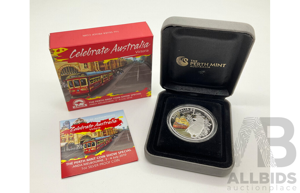 Australian Perth Mint 2010 Silver Proof One Dollar Coin, Celebrate Australia, Victoria .999