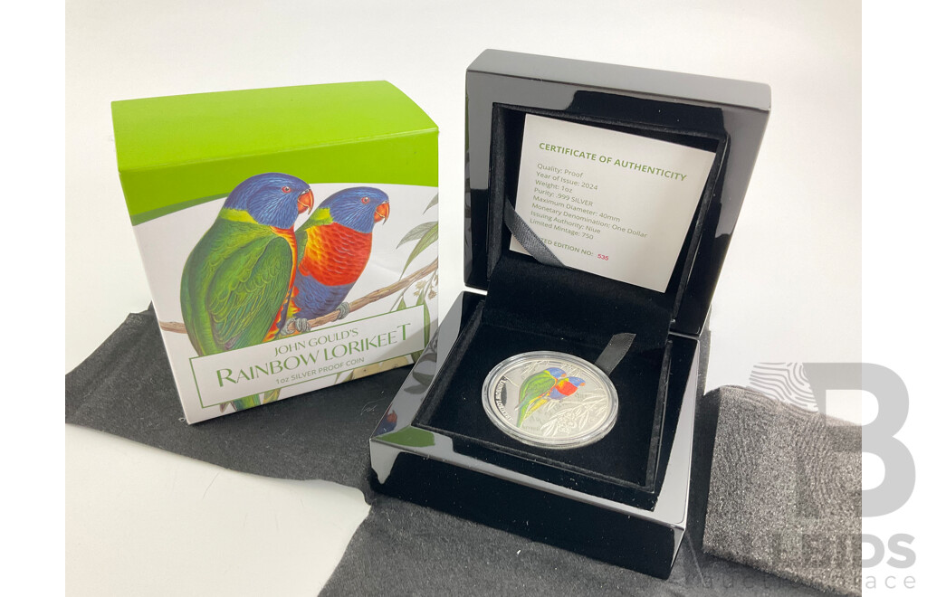 Niue 2024 Silver Proof One Dollar Coin, John Gould's Rainbow Lorikeet .999