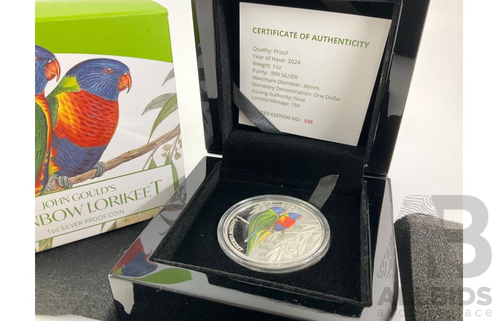 Niue 2024 Silver Proof One Dollar Coin, John Gould's Rainbow Lorikeet .999