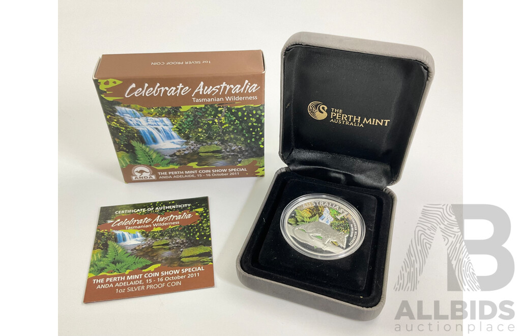 Australian Perth Mint 2011 Silver Proof One Dollar Coin, ANDA Celebrate Australia, Tasmanian Wilderness .999