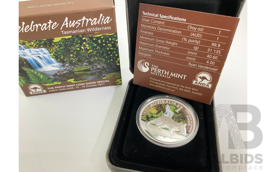 Australian Perth Mint 2011 Silver Proof One Dollar Coin, ANDA Celebrate Australia, Tasmanian Wilderness .999