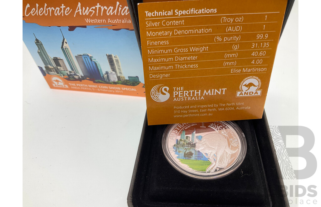 Australian Perth Mint 2011 Silver One Dollar Coin, ANDA Celabrate Western Australia .999