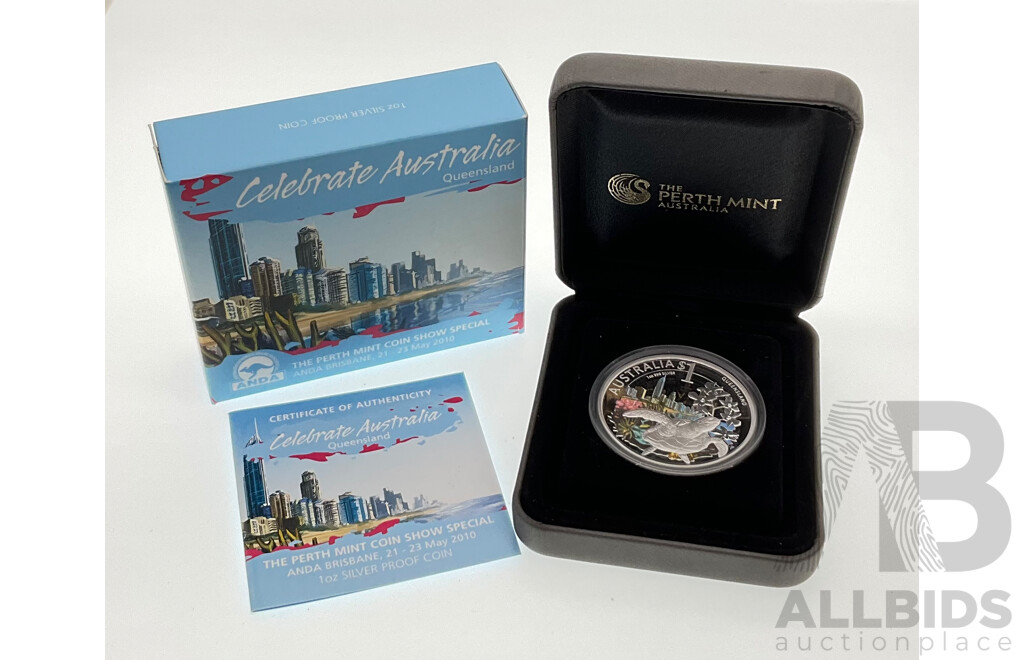 Australian Perth Mint 2010 Silver One Dollar Proof Coin, ANDA Celebrate Australia, Queensland .999
