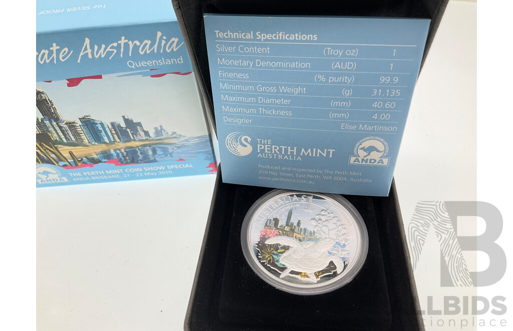 Australian Perth Mint 2010 Silver One Dollar Proof Coin, ANDA Celebrate Australia, Queensland .999