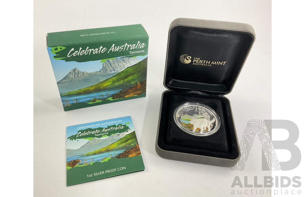 Australian Perth Mint Silver One Dollar Proof Coin, Celabrate Australia, Tasmania .999