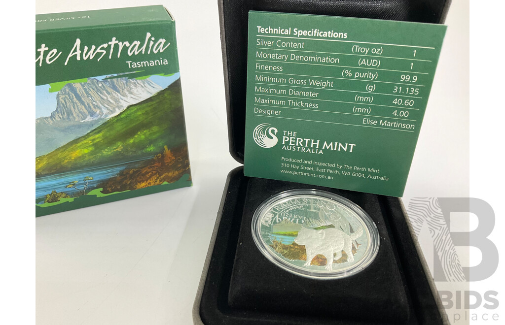 Australian Perth Mint Silver One Dollar Proof Coin, Celabrate Australia, Tasmania .999