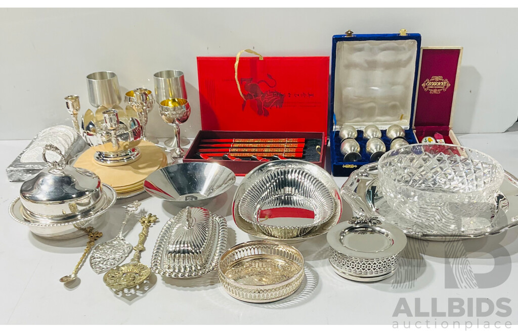 Collection Silver Plate Items Including Platters, Candle Holders, Pair Goblets and More