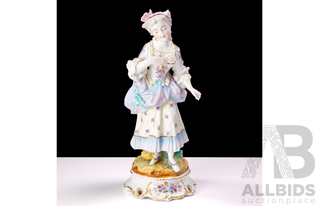Antique Dresden Hand Painted Porcelain Figure of Woman on Pedestal