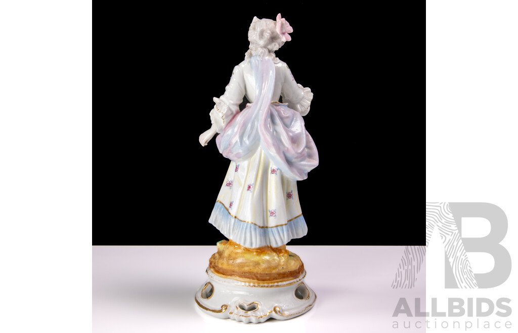 Antique Dresden Hand Painted Porcelain Figure of Woman on Pedestal