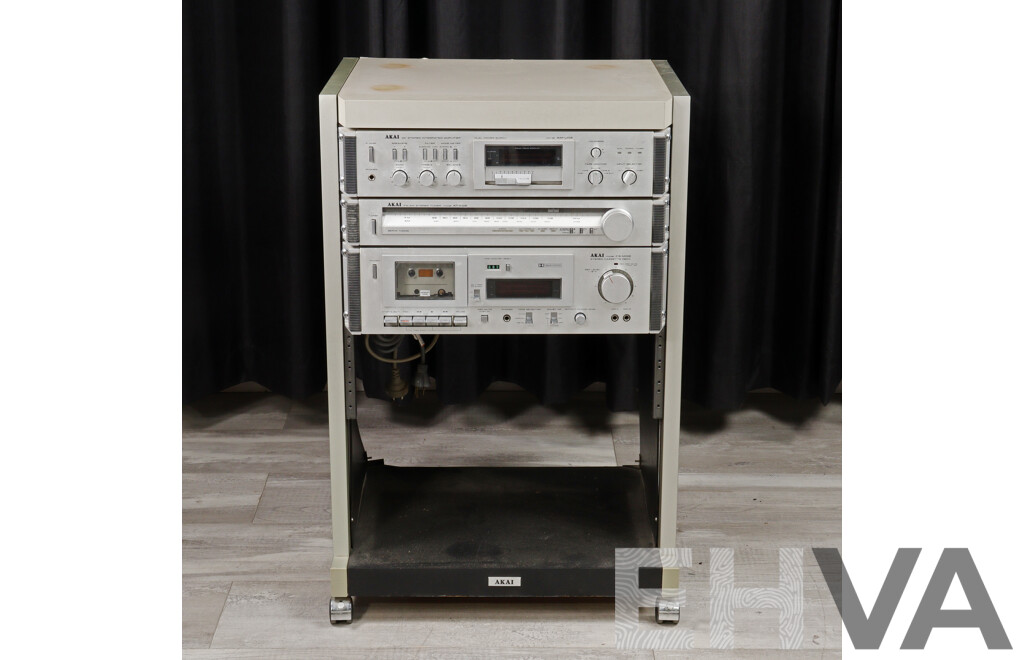 Akai Three Piece Rack Mounted Stereo System Comprising Dc Integrated Amplifier AM UO3, Stereo Tuner at KO2 & Stereo Casette Deck CS MO2, All in Akai Case