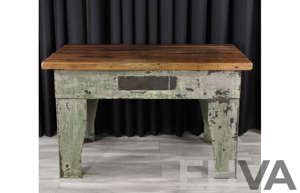 Vintage Timber Top Work Bench with Bespoke Metal Base