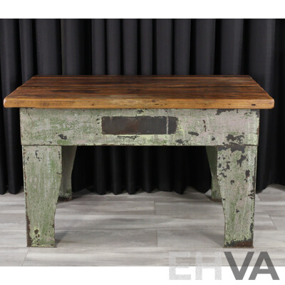 Vintage Timber Top Work Bench with Bespoke Metal Base