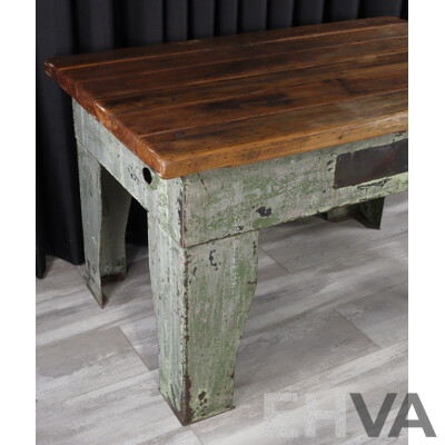 Vintage Timber Top Work Bench with Bespoke Metal Base