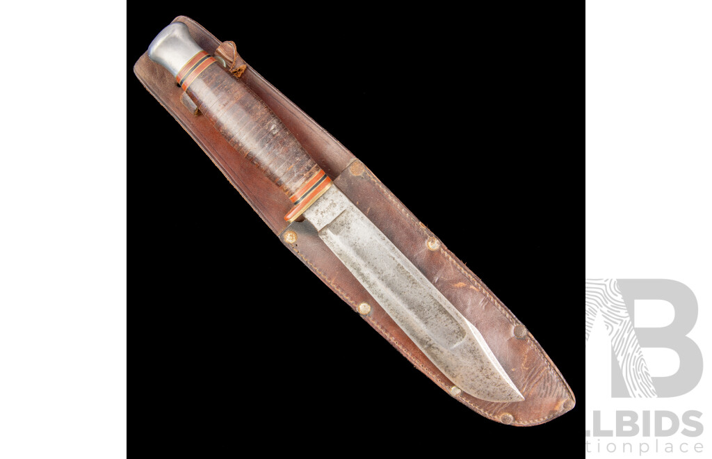 Vintage English J H Thompson Sheffield Sabre Model Knife with Leather Handle in Leather Sheath