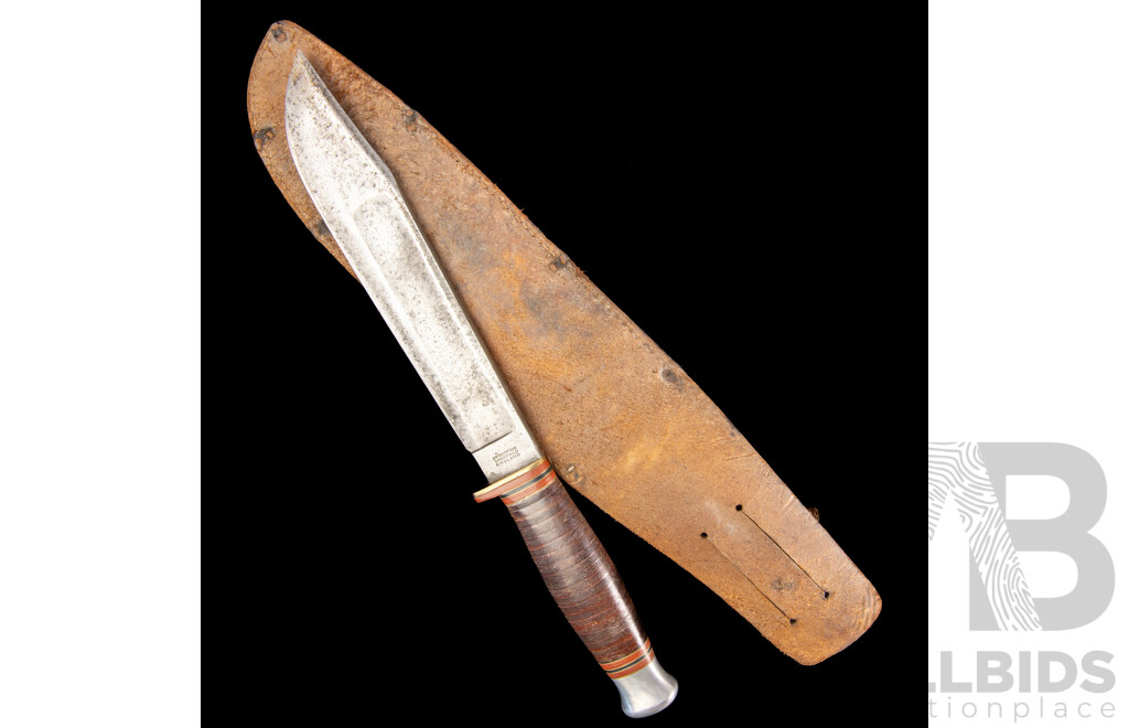 Vintage English J H Thompson Sheffield Sabre Model Knife with Leather Handle in Leather Sheath