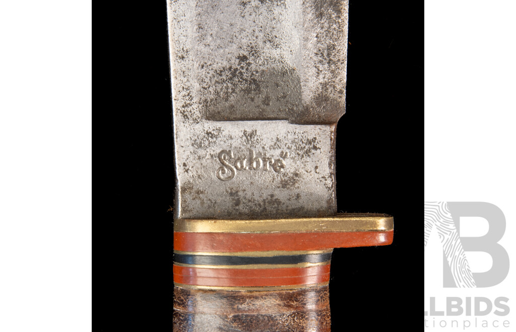Vintage English J H Thompson Sheffield Sabre Model Knife with Leather Handle in Leather Sheath