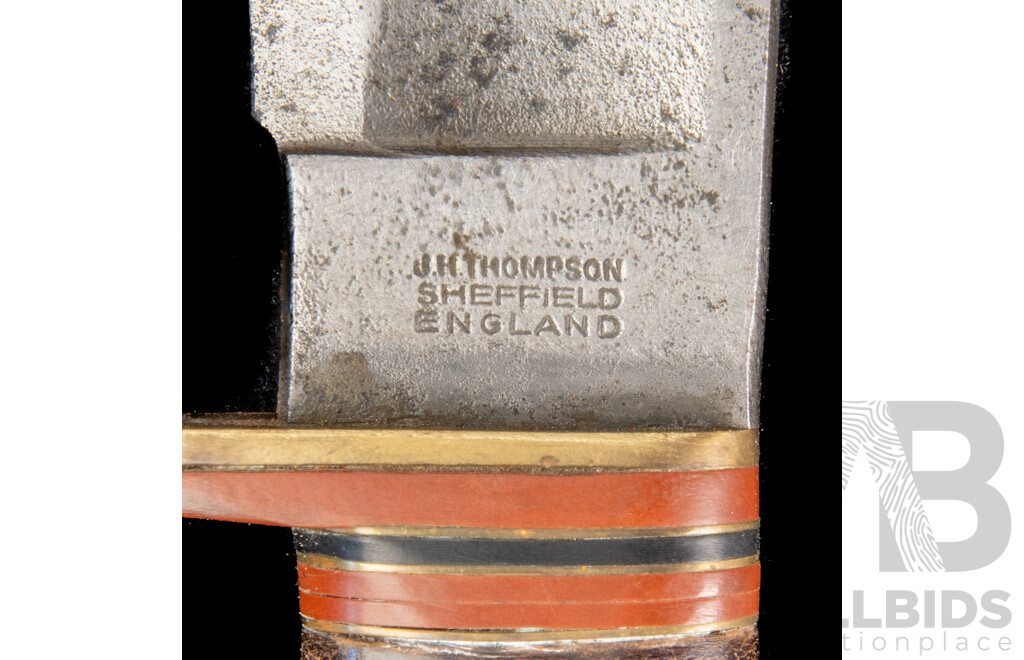 Vintage English J H Thompson Sheffield Sabre Model Knife with Leather Handle in Leather Sheath