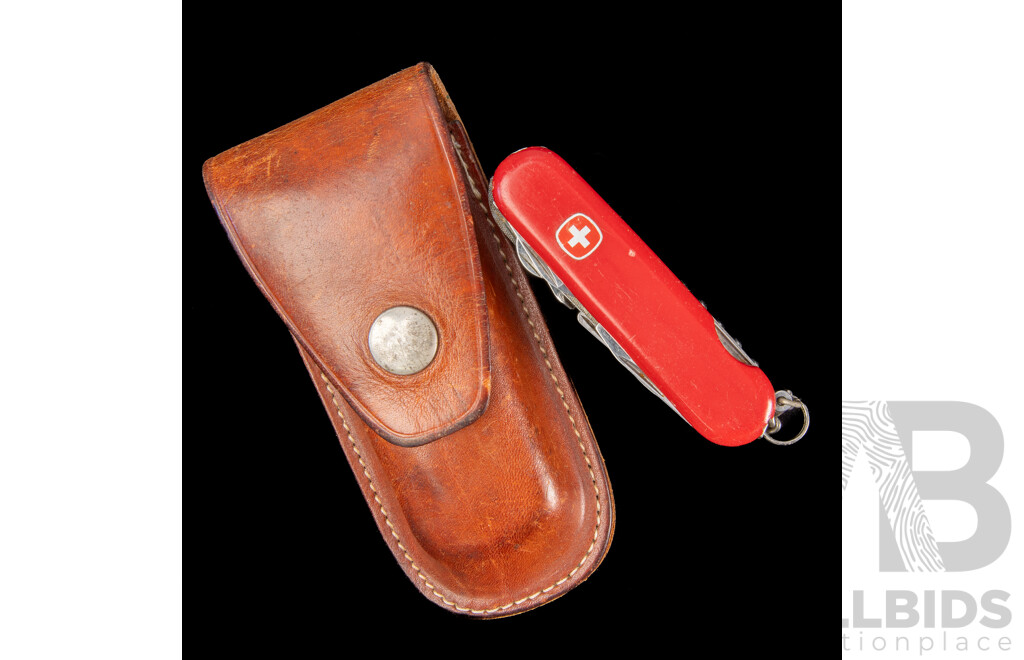 Vintage Swiss Army Knife with 13 Fold Out Features in Leather Belt Pouch