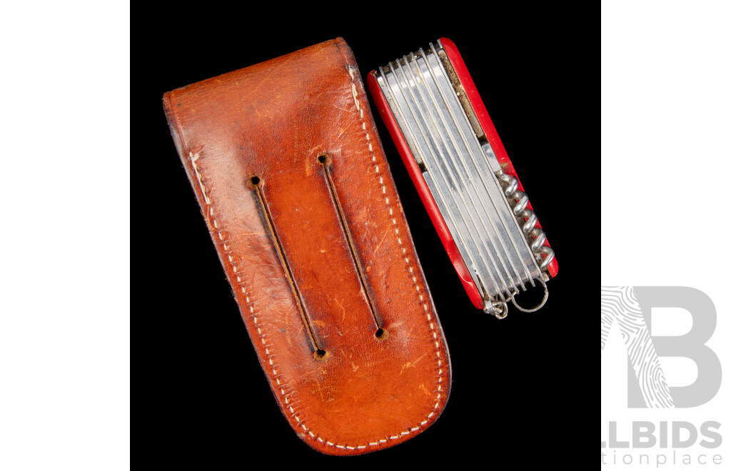 Vintage Swiss Army Knife with 13 Fold Out Features in Leather Belt Pouch