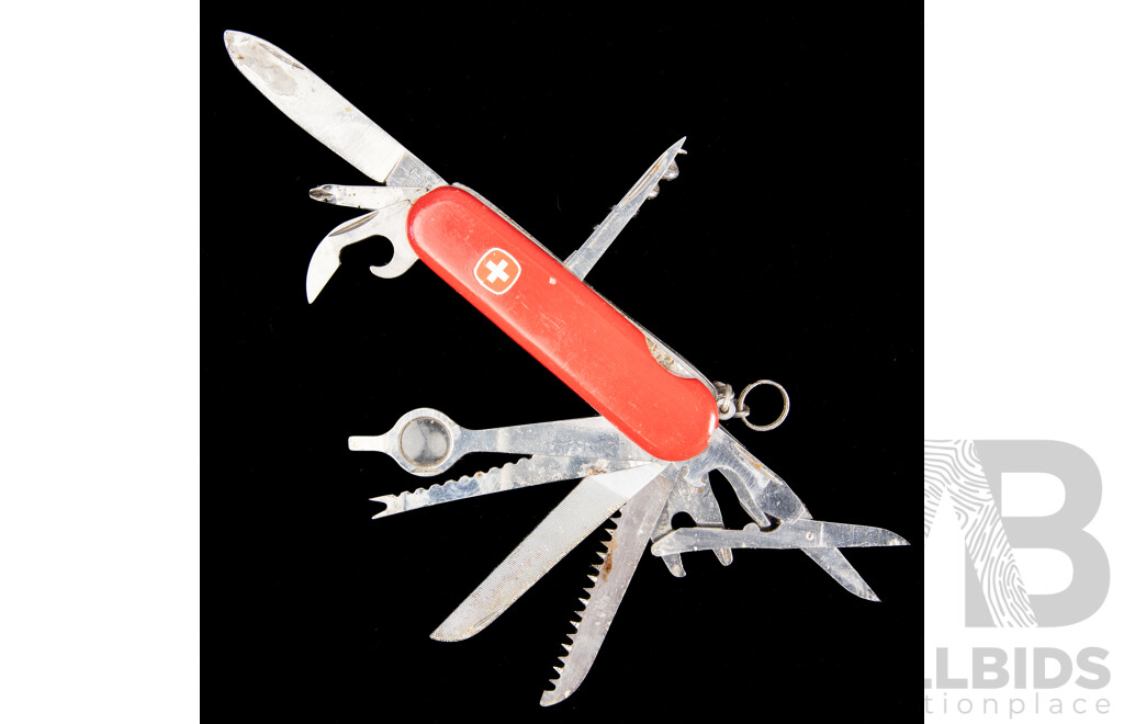 Vintage Swiss Army Knife with 13 Fold Out Features in Leather Belt Pouch