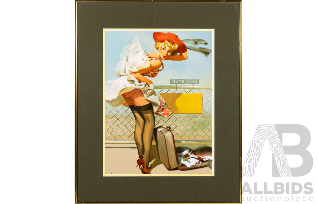 Gil Elvgren (20th Century, American, 1914-1980) & Artist Unknown, A Nice Catch, Luggage Mishap & Sailing - Fifties Pin Up Girls, Trio of Vintage Colour Posters, 59 x 48 cm (frames) (3)