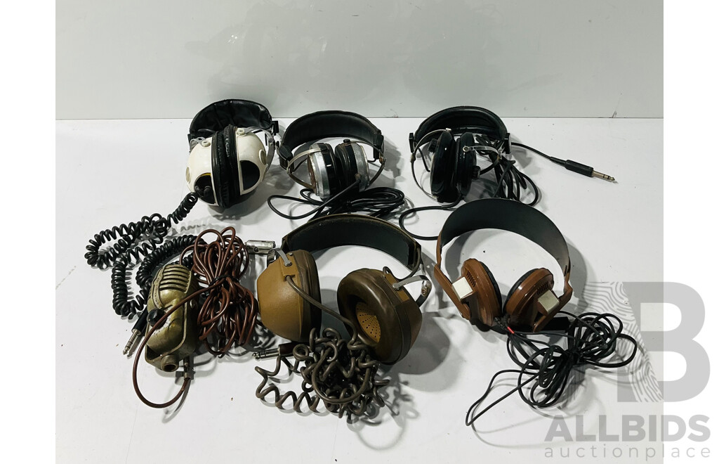 Collection of Vintage Headphones and Microphone Including K.6 LC Koss Headphones, Pienzo Elettrico Microphone and More