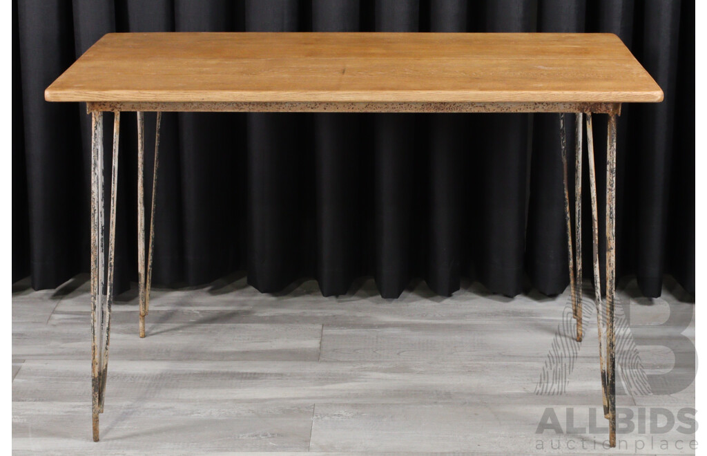 Vintage Metal Based Patio Table with New Oak Top