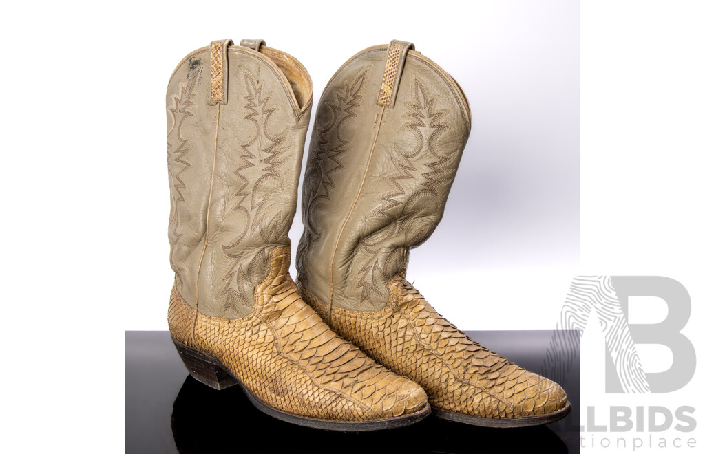 Pair American Made Snakeskin and Leather Cowboy Boots by Dan Post with RM Williams Leather Soles
