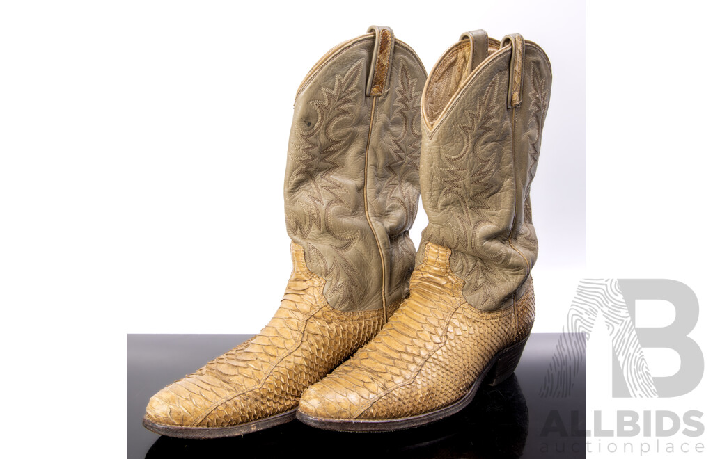 Pair American Made Snakeskin and Leather Cowboy Boots by Dan Post with RM Williams Leather Soles