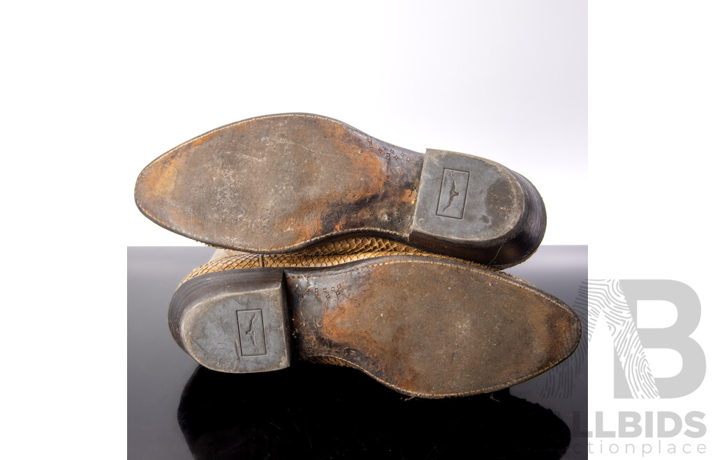 Pair American Made Snakeskin and Leather Cowboy Boots by Dan Post with RM Williams Leather Soles