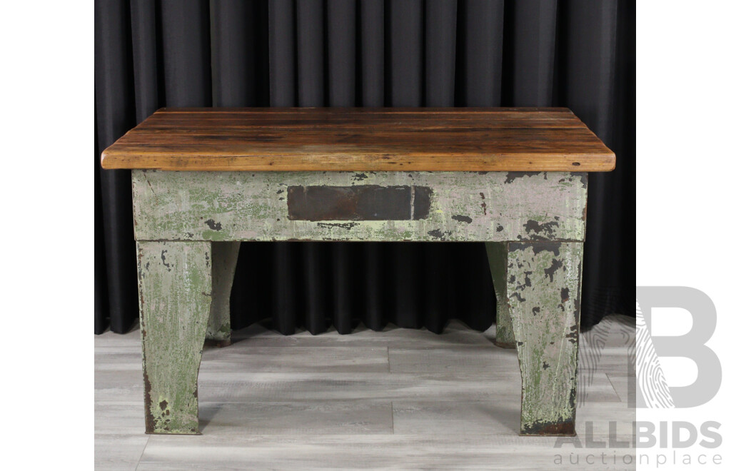 Vintage Timber Top Work Bench with Bespoke Metal Base