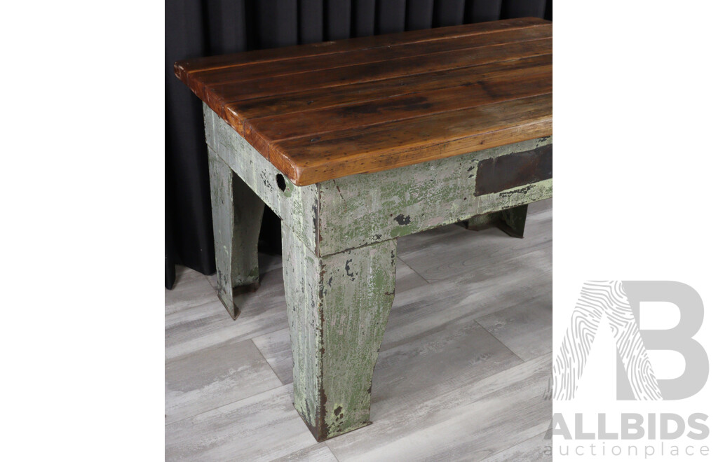 Vintage Timber Top Work Bench with Bespoke Metal Base