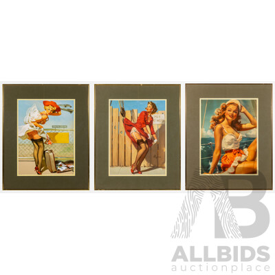 Gil Elvgren (20th Century, American, 1914-1980) & Artist Unknown, A Nice Catch, Luggage Mishap & Sailing - Fifties Pin Up Girls, Trio of Vintage Colour Posters, 59 x 48 cm (frames) (3)