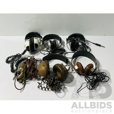 Collection of Vintage Headphones and Microphone Including K.6 LC Koss Headphones, Pienzo Elettrico Microphone and More
