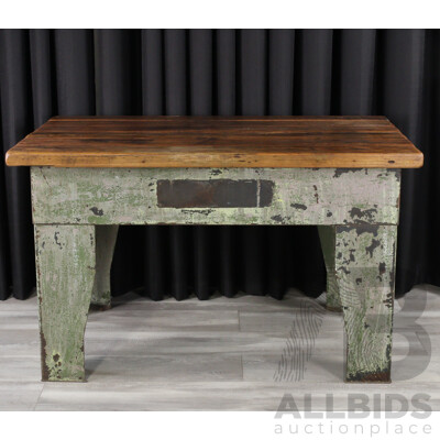 Vintage Timber Top Work Bench with Bespoke Metal Base