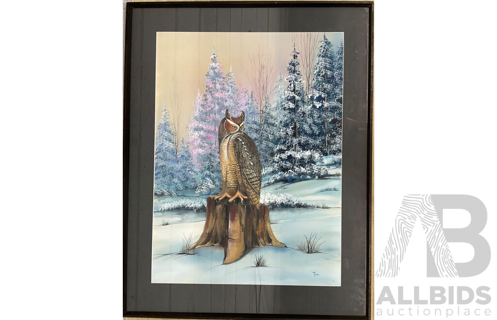 Artist Unknown, Great Horned Owl Perched in a Snowy Landscape Painting with Frame ( 62x78x3cm)