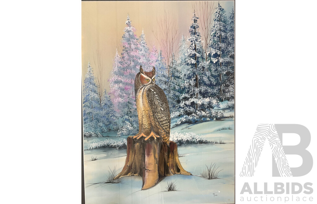 Artist Unknown, Great Horned Owl Perched in a Snowy Landscape Painting with Frame ( 62x78x3cm)