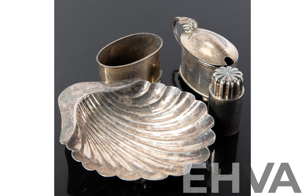 Collection Antique Sterling Silver Comprising Lidded Mustard Pot with Blue Glass Liner, Matching Dish, Both Birmingham 1872, Georg Jensen Salt Shaker & Scallop Form Dish, Sheffield 1901