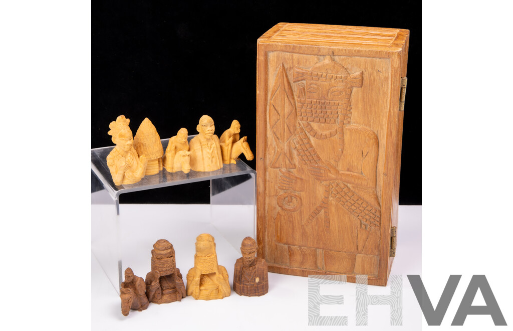 Complete Set 32 Hand Carved African Wooden Chess Pieces in Matching Wooden Box with Carved Detail to Top