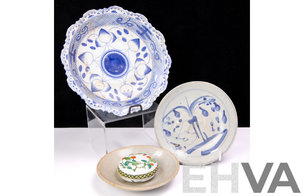 Collection Antique & Vintage Asian Ceramics Including Two Swatow Ware Dishes and More