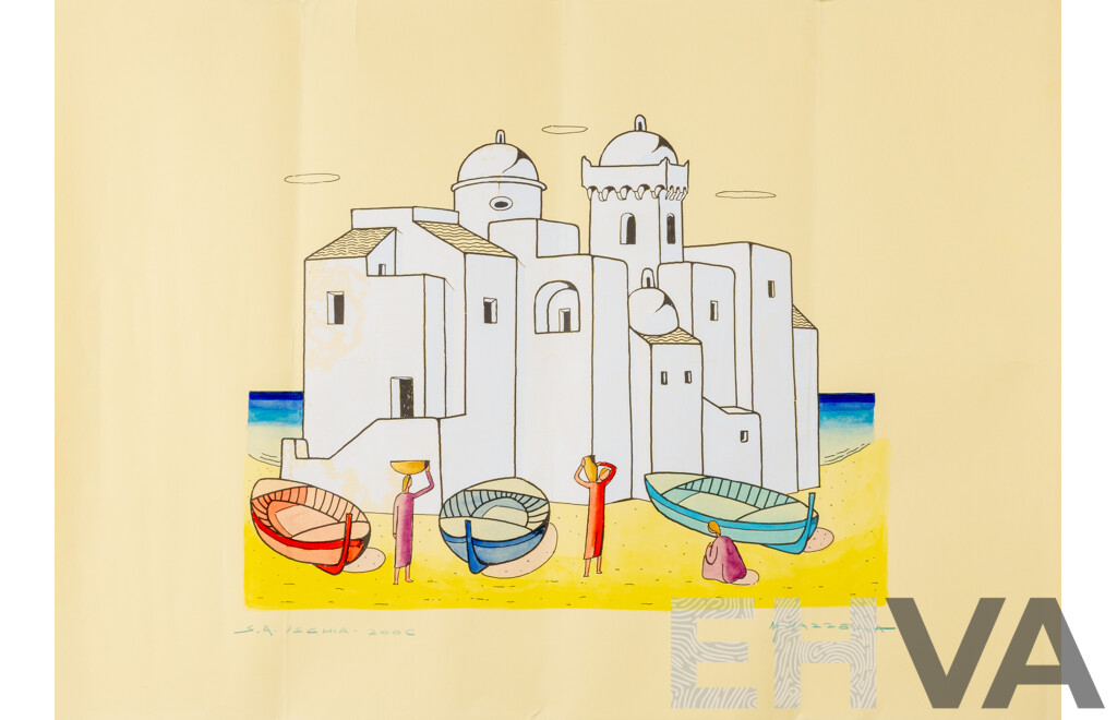 Mario Mazzella, (20th Century, Italian, 1923-2008), Villagers (2006), Watercolour Lithograph, Signed, 50 x 69 cm (edge to edge)