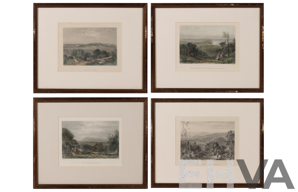 John Skinner Prout, (19th C., British, 1805-1876), Mount Macedon, Victoria & Three More Works, Vintage Hand Coloured Steel Engraving Prints of Originals, 29.5 x 37 cm (frames) (4)