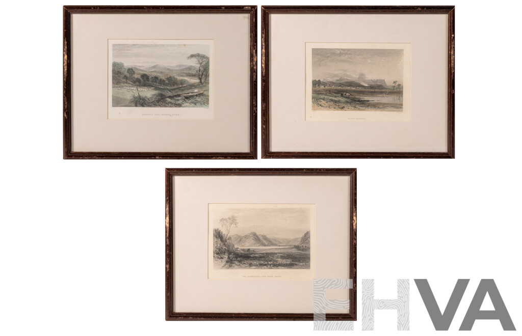 John Skinner Prout, (19th C., British, 1805-1876), The Hawkesbury, NSW; Perth, Tasmania; Harper Hill, Hunter River, Trio of Antique Hand Coloured Engravings, 30 x 38 cm (frames)(3)