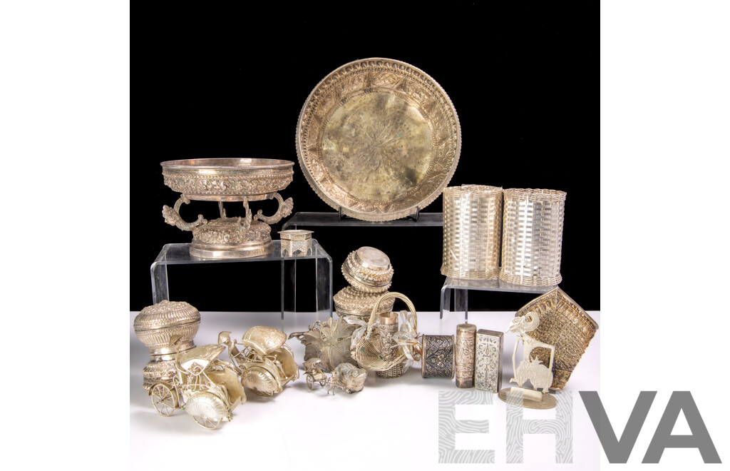 Large Collection Vintage and Other White Metal Mostly Asian Pieces Including Repousse Examples, Souvenir Ware and More