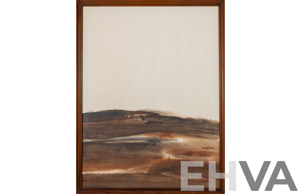 Signature Indistinct - Artist Unknown, (20th Century), Vast Land, Small Houses (1981), Wonderful Original Watercolour, 78 x 60 cm (frame)