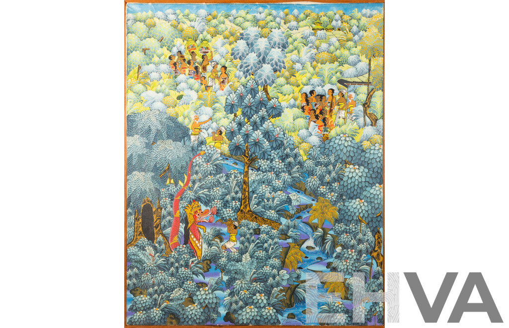 JM Darmauasa, (20th Century, Balinese), Dragon God Worshipping in Jungle, Original Vintage Handpainted Ink & Pigment on Canvas Cloth, 91.5 x 73 cm (frame)