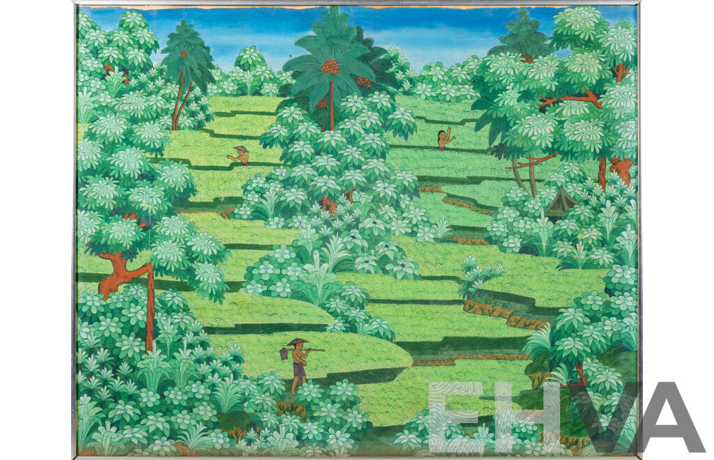 Artist Unknown, (20th Century, Balinese), Workers in the Fields, Original Vintage Handpainted Ink & Pigment on Canvas Cloth Backed on Thin Wooden Panel, 67 x 82 cm (frame)