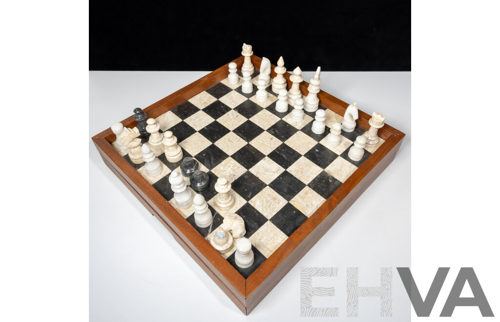 Vintage Marble and Wood Chess Set with Two Slide Out Drawers and  Full Set Marble Pieces and Some Extras