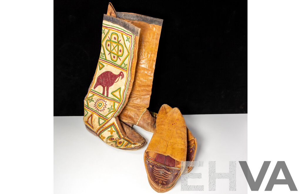 Vintage Pair Leather Mexican Cowboy Boots with Embroidered Decoration Along with Pair Leather Middle Eastern Slippers